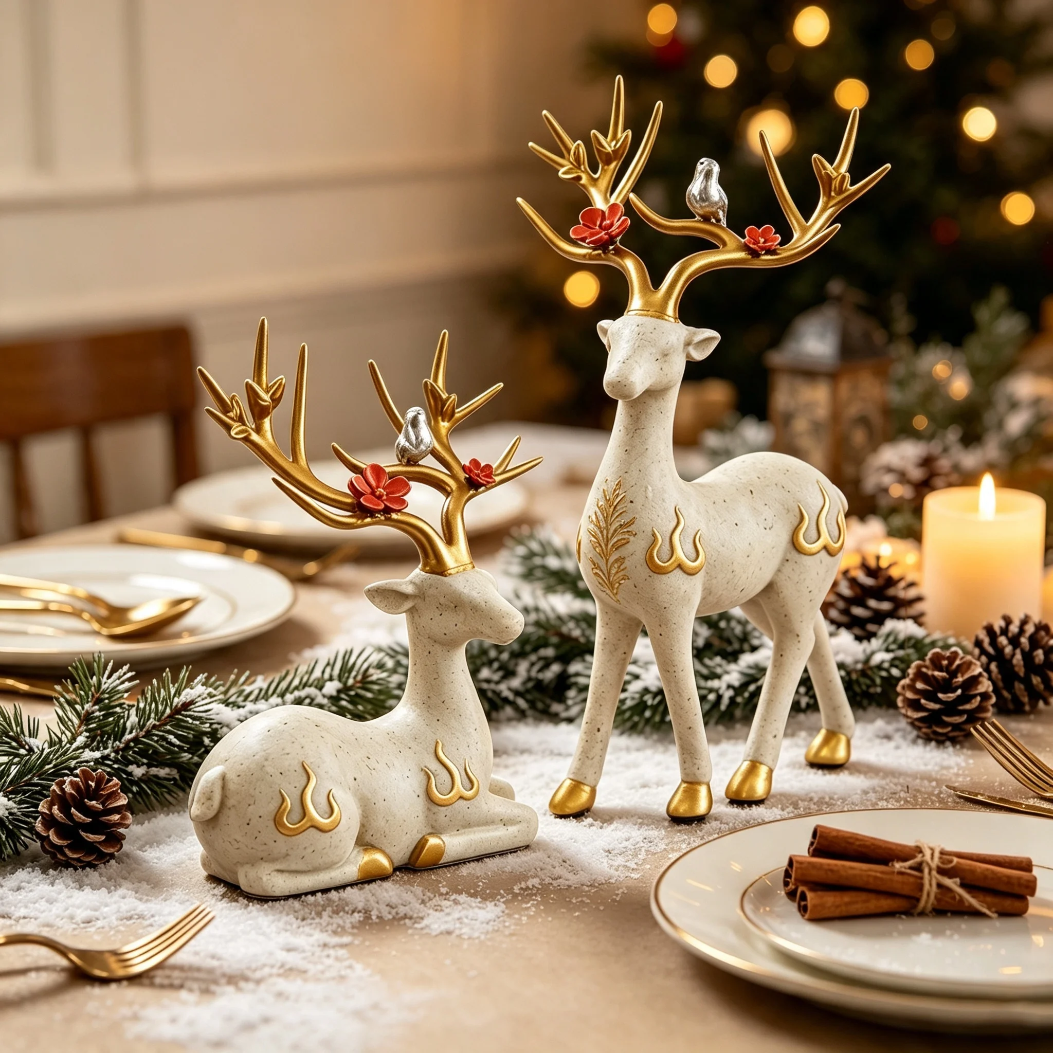 White Gold Deer Couple Figurines Set of 2, Resin Deer Statues Home Decor for Living Room Bedroom Shelf Table, Elegant Couple Gif