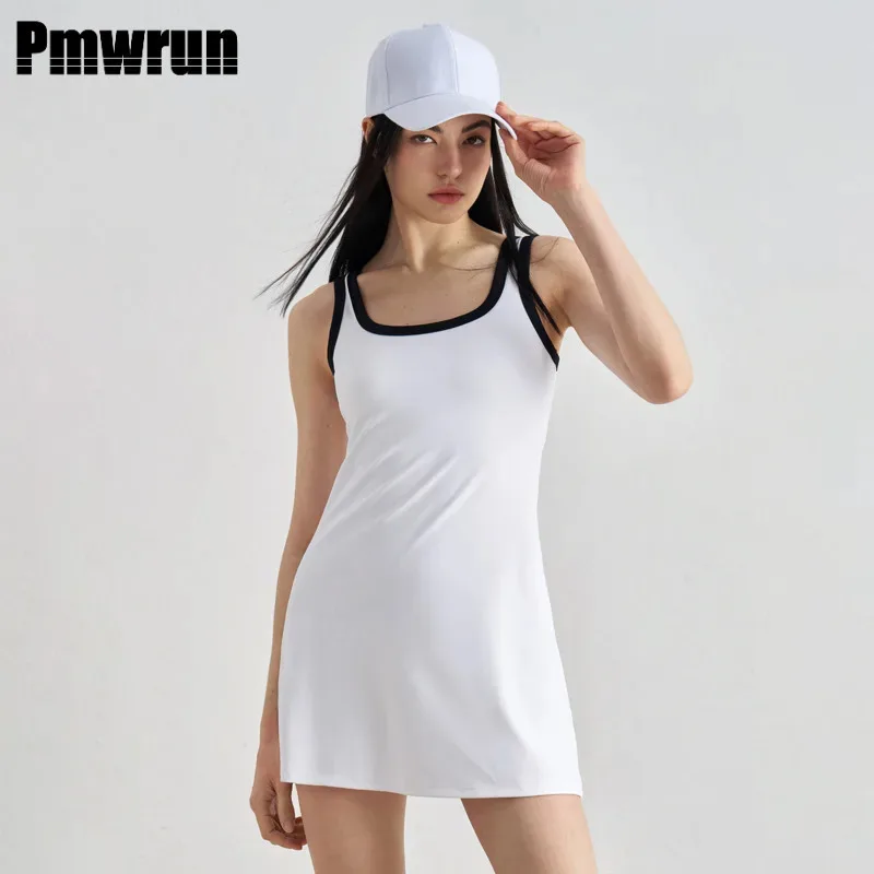 

Pmwrun 2025 Spring/Summer Tennis Dress For Women Built In Shorts&Chest Pads Athletic Dresses Female Outfits Golf Skirts
