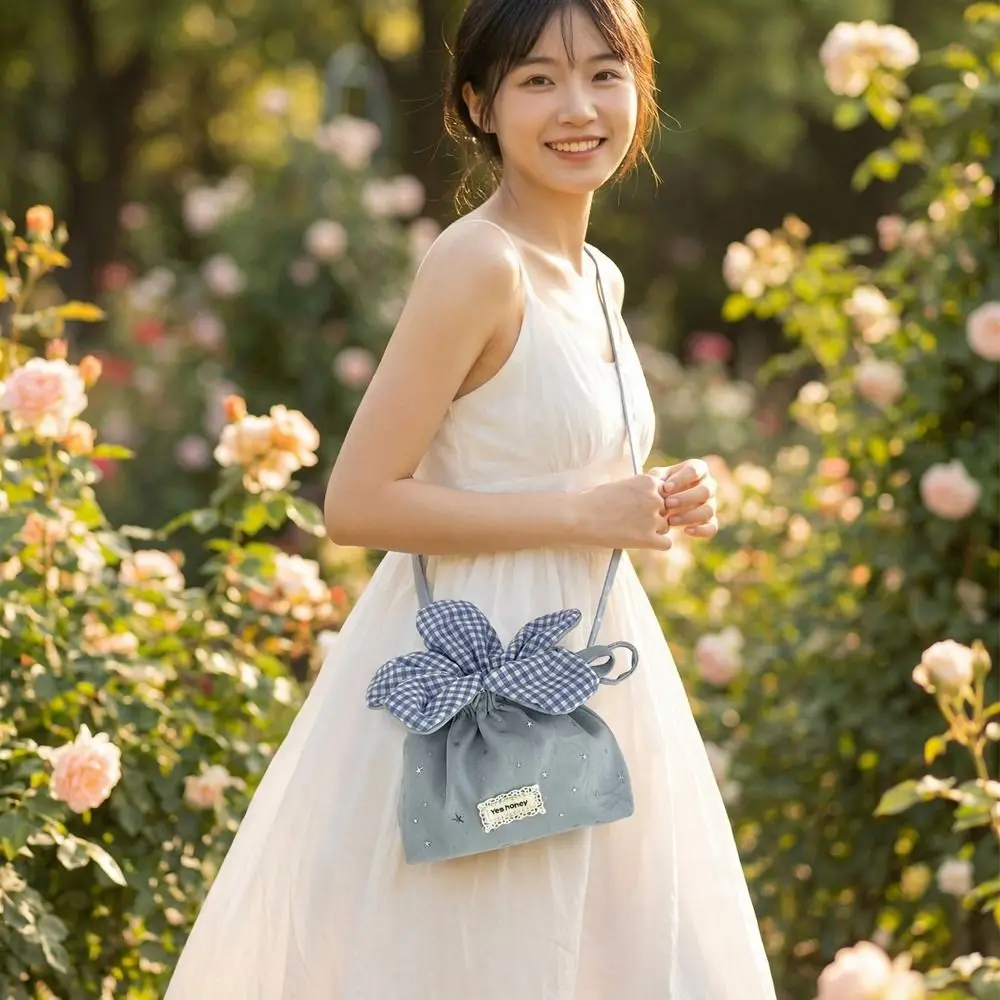 

Сумка-кроссбоди с цветочным узором и завязками, в корейском стиле, милая, с блестящими звездами и цветами, портативная, в клетку, с цветочным принтом