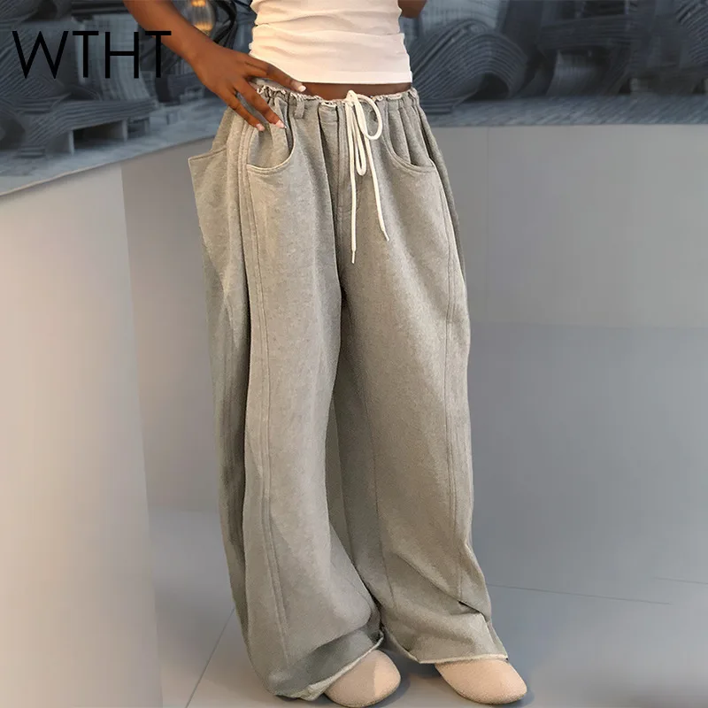 

WTHT New Trendy Women's Drawstring Solid Color Casuals Trousers Fashion 2025 Summer Straight Wide Leg Pants Female 1LS1466