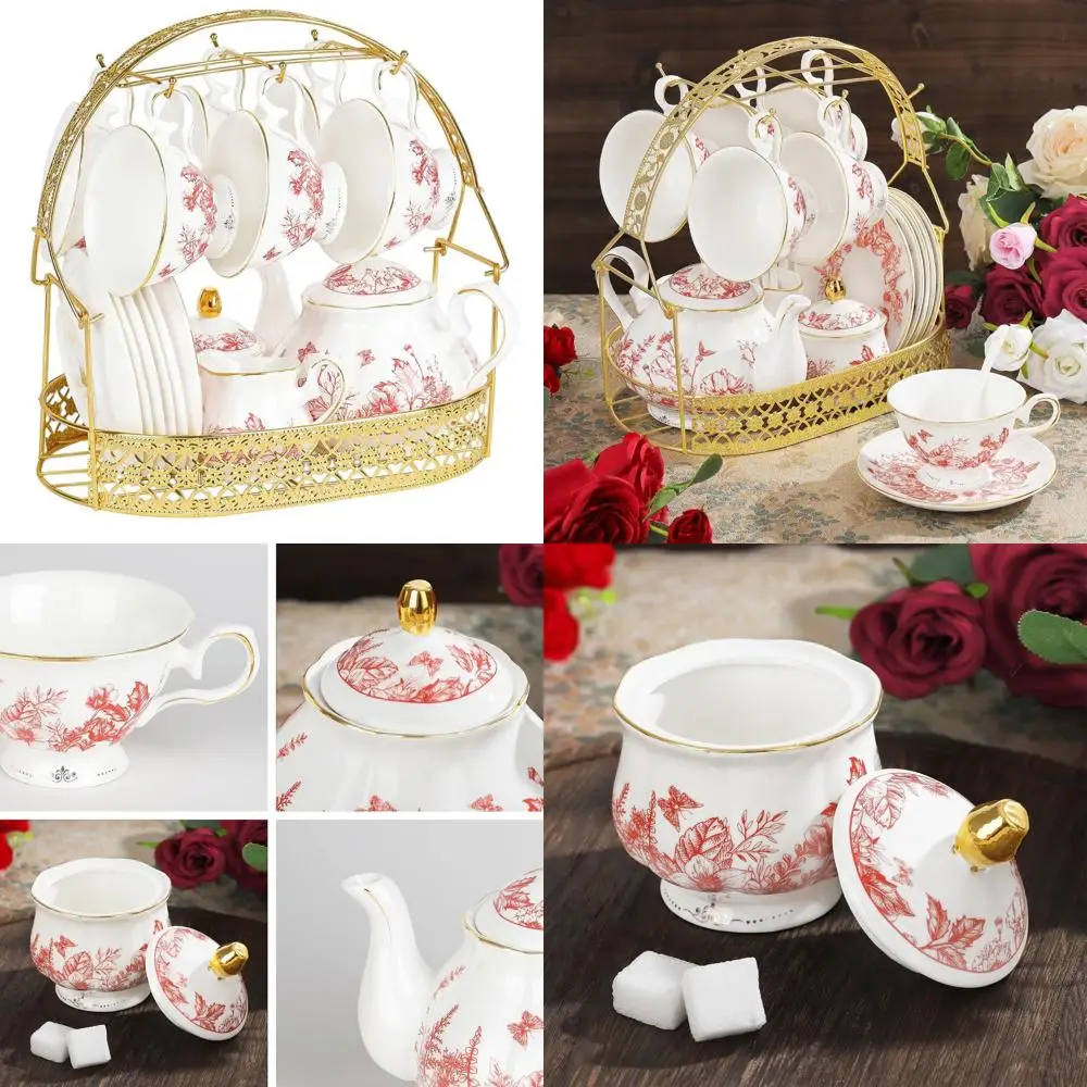 

Vintage Red Floral Bone China 22-Piece Tea Set with Holder, Perfect for Weddings and Birthdays