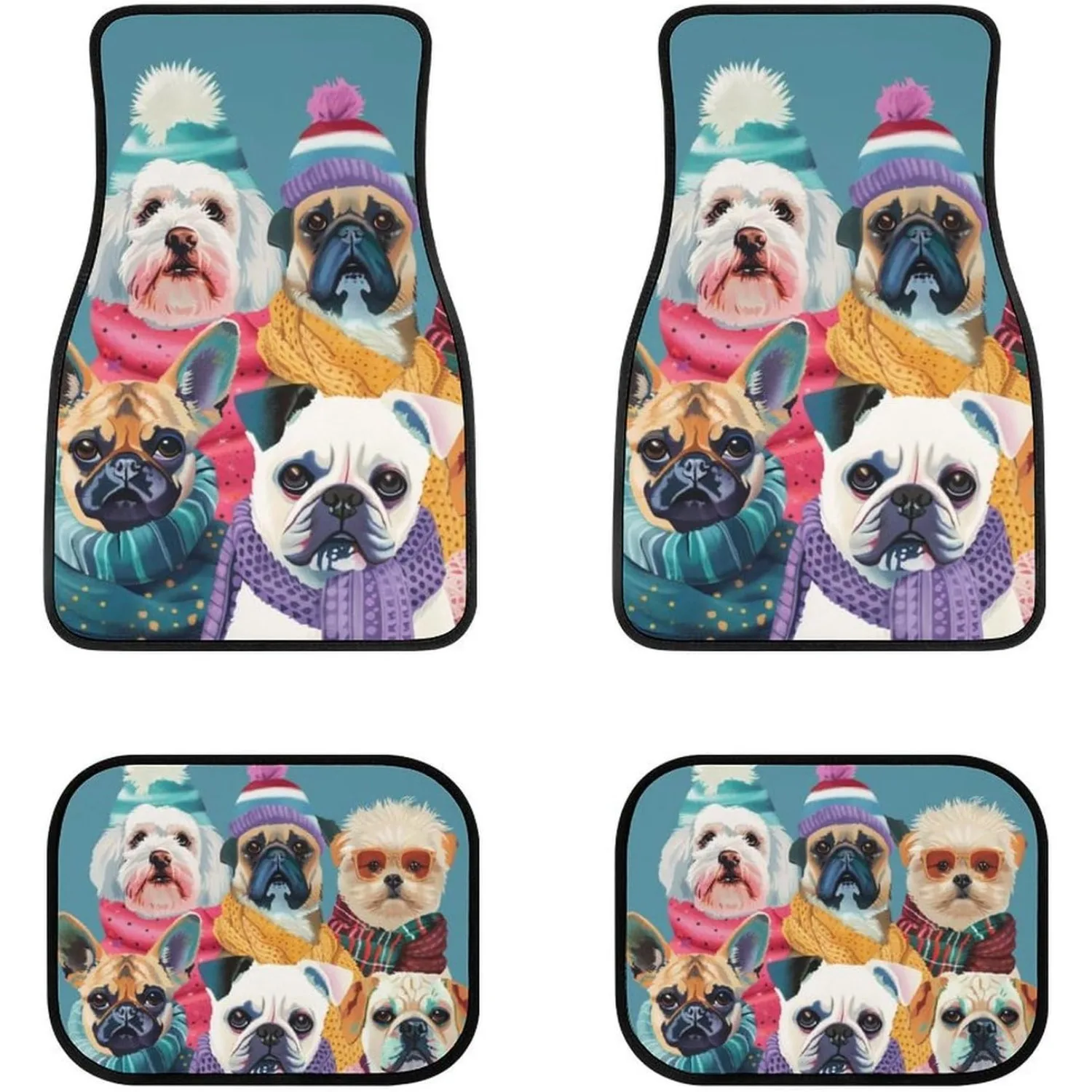 Vibrant Winter Canine 4-Pack, All-Season Auto Floor Mats Universal Fit Car Decorative Additions Suitable For Suvs, Vans, Sedans,