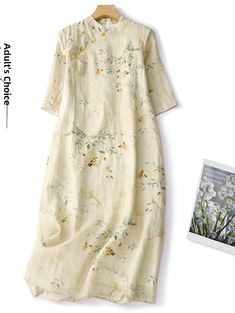 Nouveau chinois Sle rétro imprimé Dr femmes été élégance National vent Zen esprit côté bouton col montant Long Dr