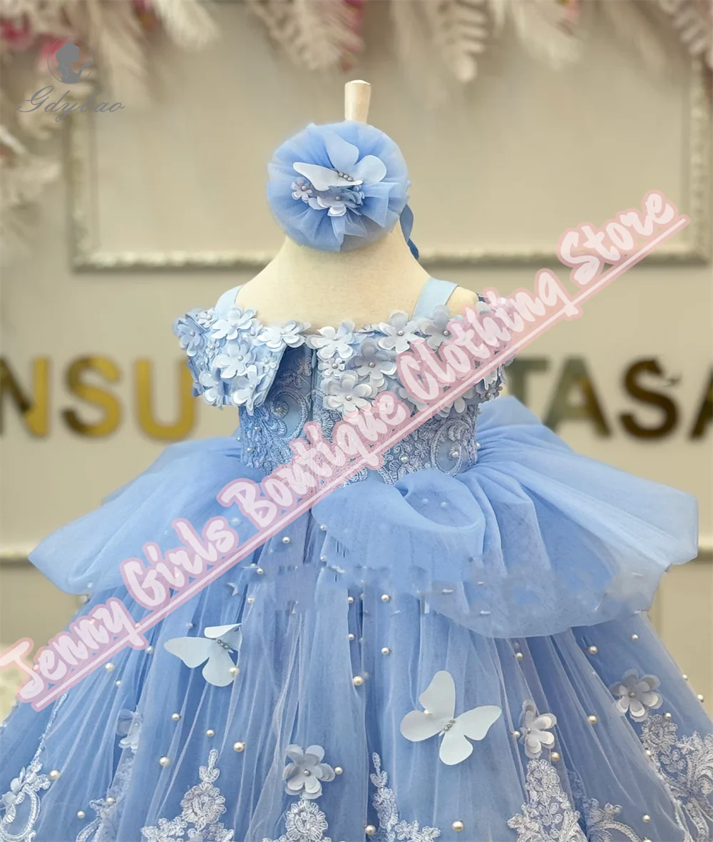 Bleu clair bébé baptême épaules dénudées blanc perle fleur enfants robe bretelles premier anniversaire bal fête Sacrament robe