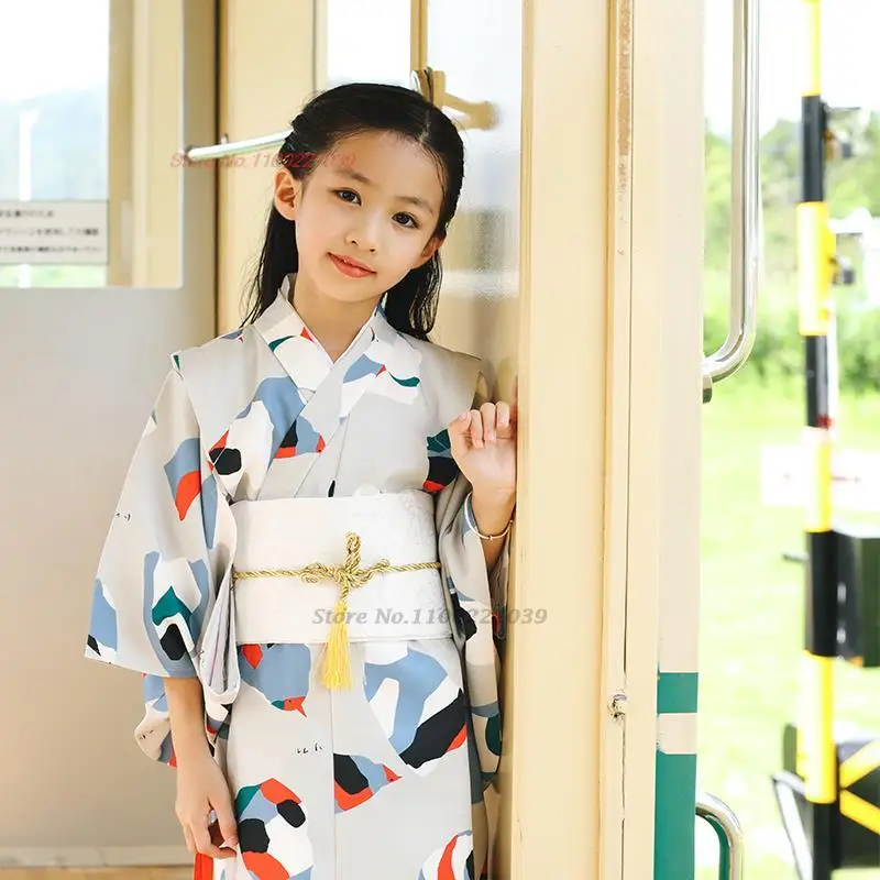 

2024 traditional japanese girl's kimono robe national flower print children's japanese kimono yukata stage performance costume