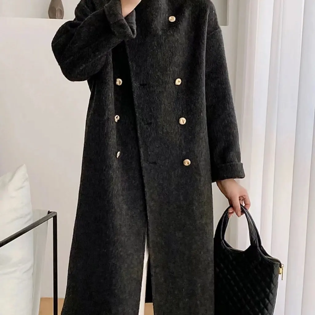 

Elegant Stand Collar Double-Breasted Long Wool Coat for Women Double-Sided High-Quality Loose Fit Ladies' Outerwear