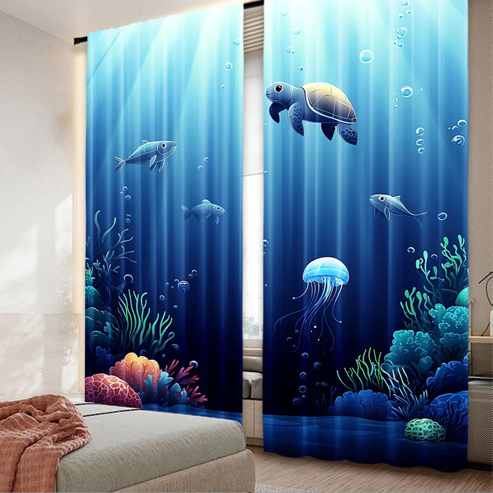 2Pcs Blue Under The Sea Curtains Sea Turtle Small Fish Jellyfish Underwater Plants Curtains Apply To Bedroom Hotel Store