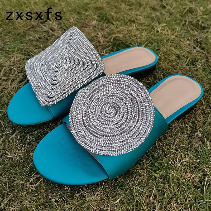 

Summer Satin Slides Square Round Crystal Decor Flats Slippers Women Slip On Deep Toe Mules Brand Casual Party Shoes