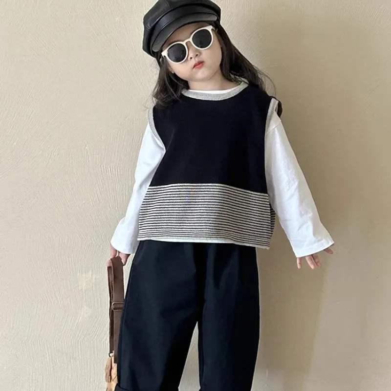 

Girls' Spring and Autumn Set Fashion New Style Children's College Style Striped Knitted Vest+Casual Pants 2-piece Set