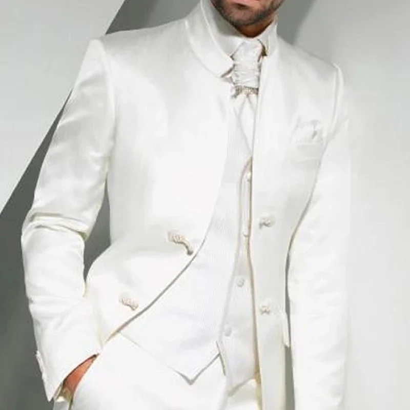 Trajes de túnica larga blanca Vintage para hombre, esmoquin de boda para novio con cuello levantado, conjunto de traje de moda para hombre de 3 piezas, chaqueta, chaleco y pantalones