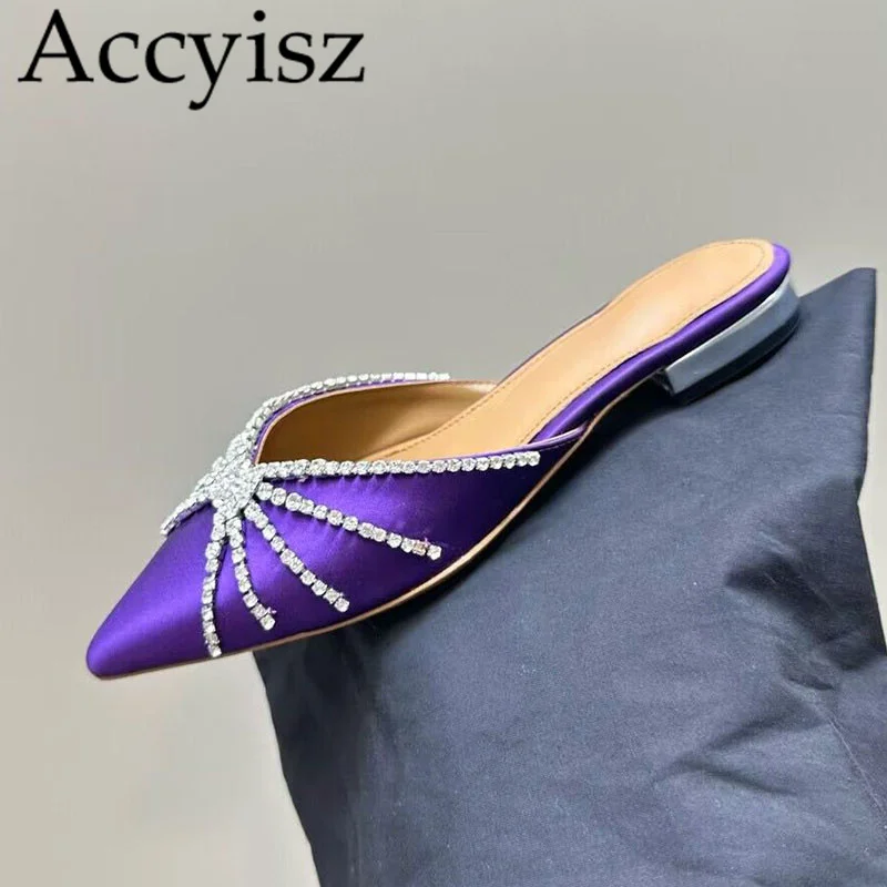 

New Pointed crystal slippers women with thick heels genuine leather Muller shoes summer comfortable leisure vacation slippers