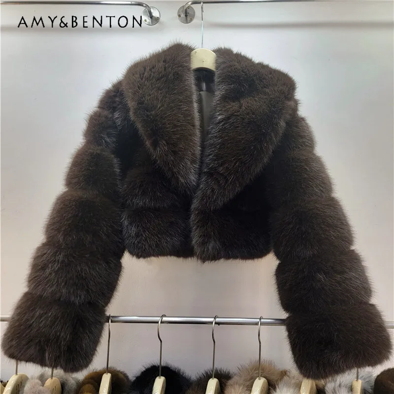 تصميم فريد من نوعه تحسس صديقة للبيئة فو الفراء معطف قصير الراقية البني الرجعية 2025 الخريف الشتاء جديد طويل الأكمام فروي سترة النساء