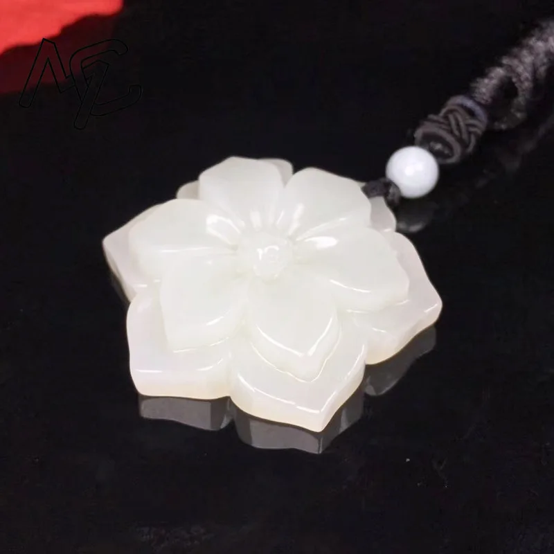Natural Chinese White Jade Pentagonal  Flower Pendant Hand-carved Ladies Necklace Fashion Luxury Jewelry Girlfriend Mom Gift view 2