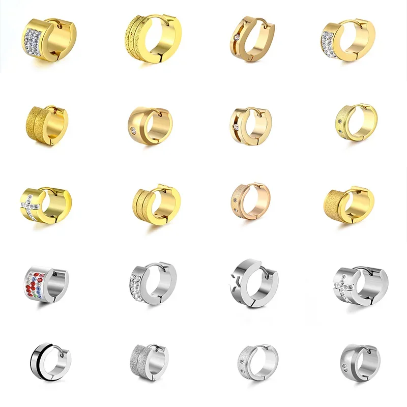 SOHOT 1Piece Titanium Stainless Steel Zircon Variety Round Cross Hoop Earrings For Unisex Punk Fashion Party Gift Wholesale