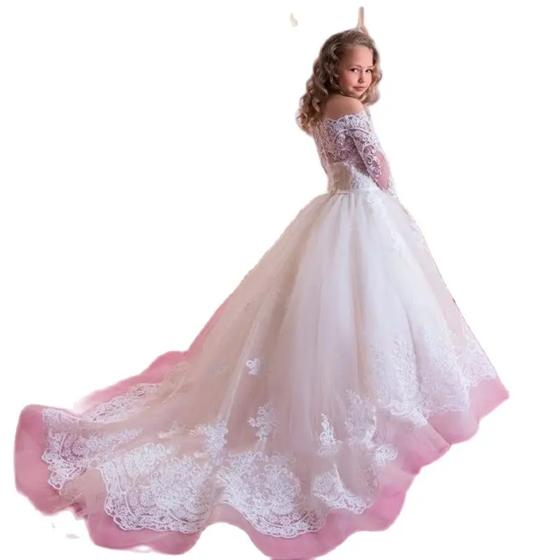 White Lace Flower Girl Dresses Tulle Full Sleeve Puffy For Weddings Kids Birthday Party Pageant First Communion Ball Gowns