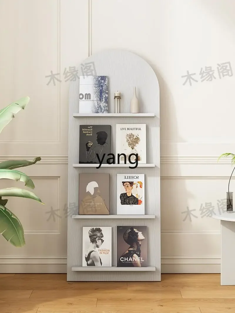 LH magazine display stand against the wall, retro black walnut arched multi-layer storage floor-to-ceiling promotional stand