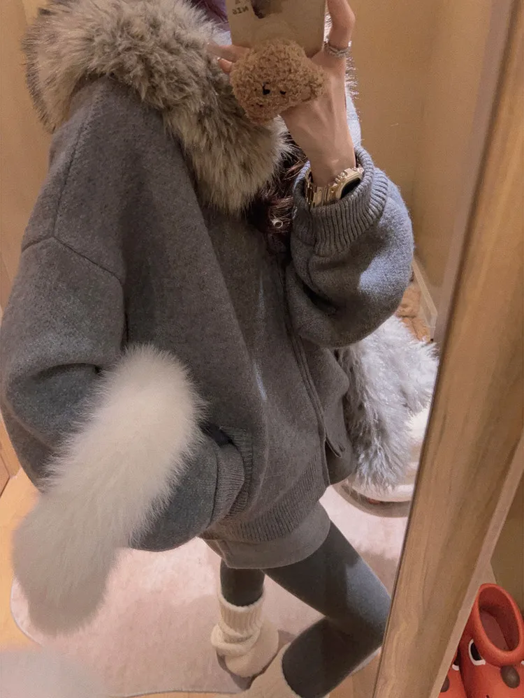 

Женская свободная зимняя куртка-свитер Yukiss большого размера с капюшоном, меховым воротником и молнией, экологически чистая