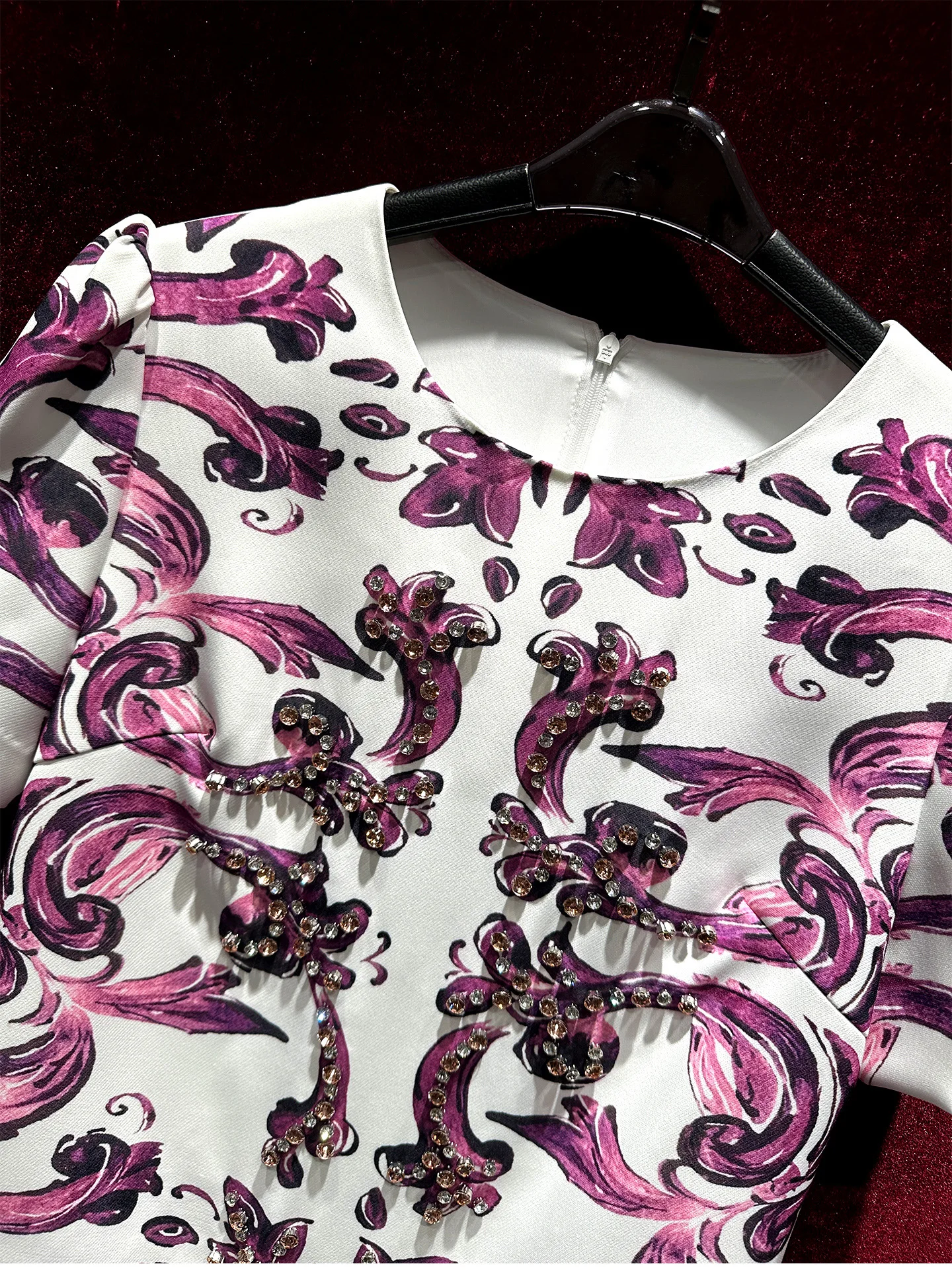 Vintage flores impressão vestidos femininos luxo diamantes elegante vestido de manga curta em torno do pescoço elegante senhora mini vestidos a linha