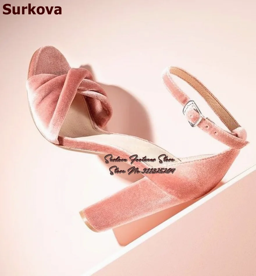 Surkova Pink Velvet Chunky Heel Sandals Women Elegant Butterfly-Knot Wedding Shoes Ankle Buckle Strap Bowtie Braided Pumps