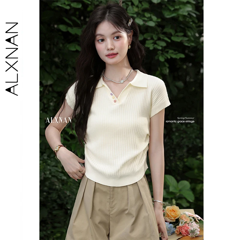 

ALXNAN Lapel Knitted T-shirt Women Apricot Short Sleeve Elegant Office Lady T-shirts 2025 Summer Loose-fit Tops Female L56365