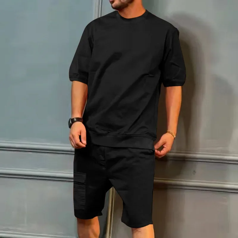 Shorts e camiseta casual de manga curta masculina, monocromática, solta, blusa com gola redonda, quinta calça, terno de corrida, moda verão,