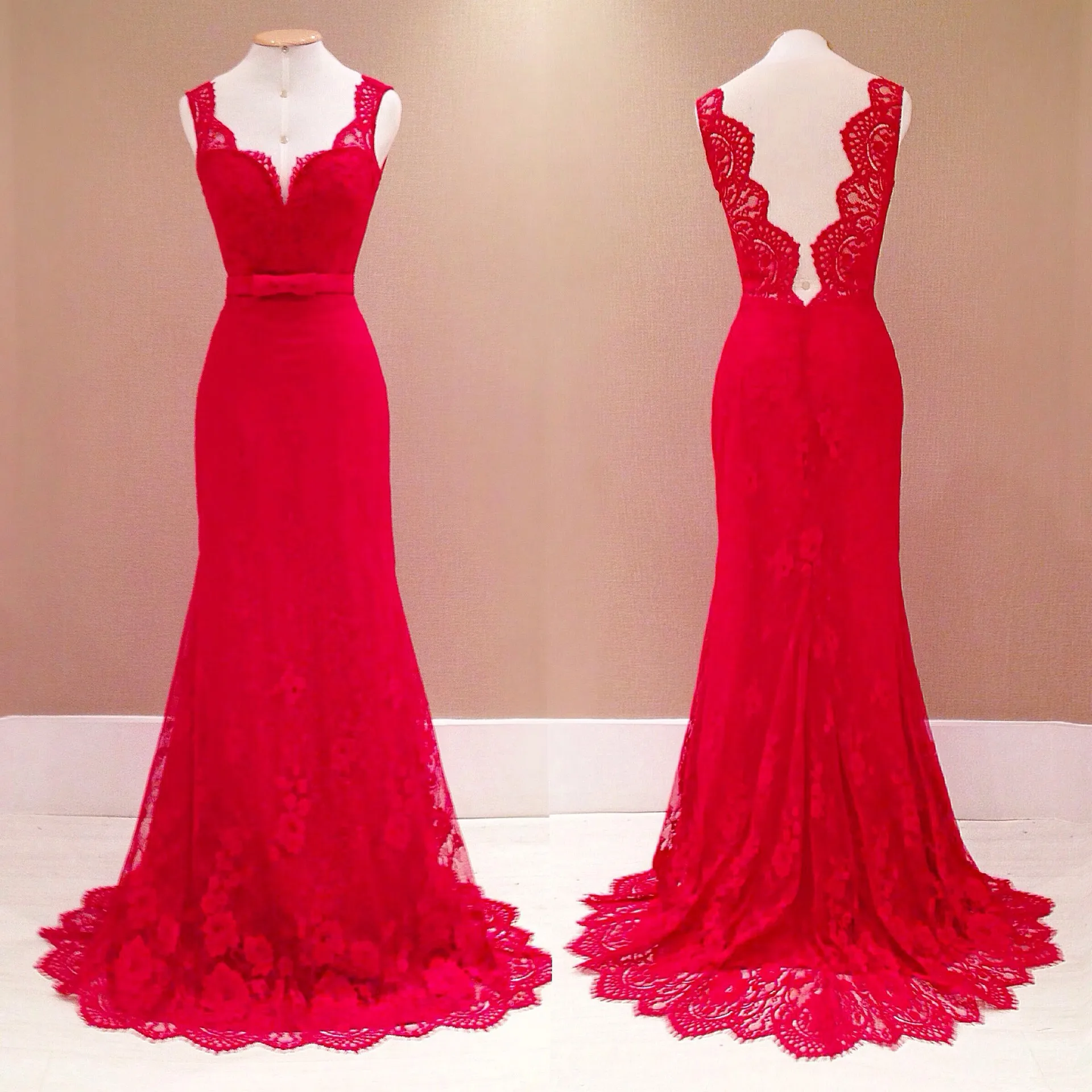 Women's Lace Sexy Open Back Drag Red Deep V Sleeveless Wedding Bridesmaid Dress Batch