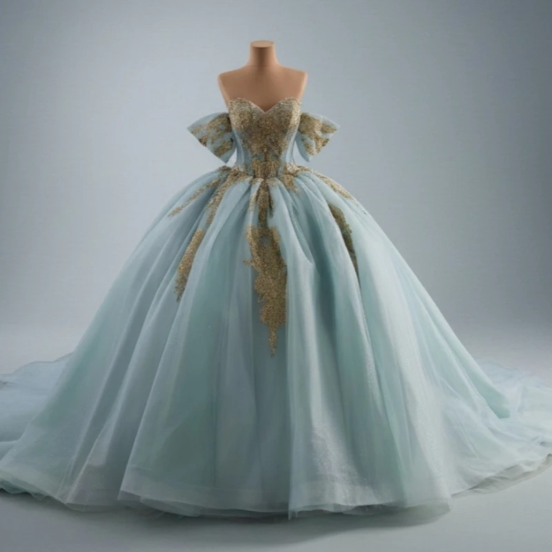 

Mint Green Shiny Quinceanera Dresses Off The Shoulder Gold Applique Lace Bow Beads Tull Corset Party Birthday Sweet 16 Dress