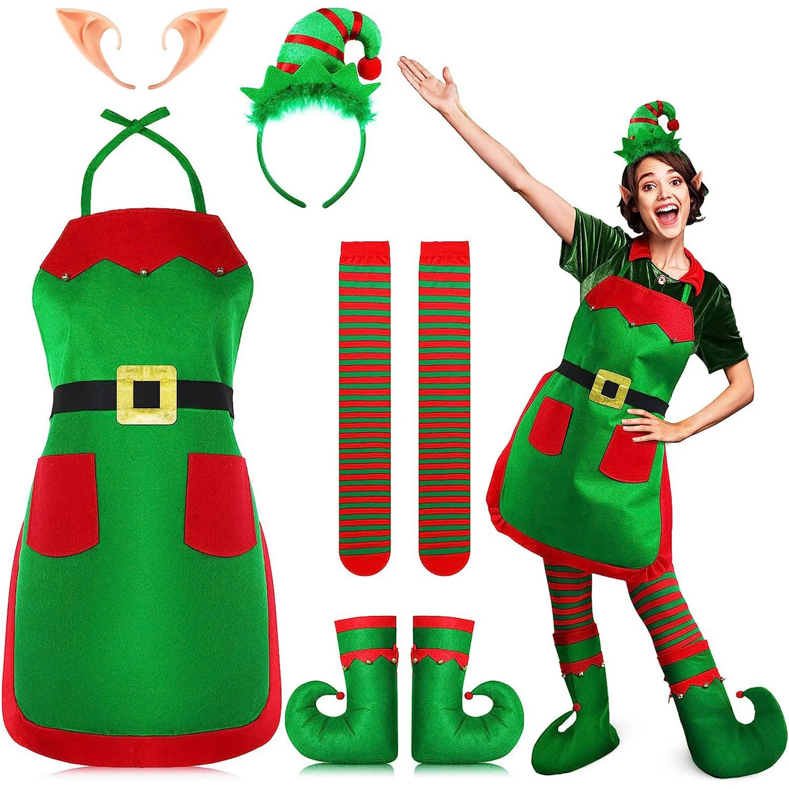 Natal Elf Costume, Santa Acessórios, Xmas Party Cosplay, Elf Hat, Orelhas, Sapatos, Capas, Meias, Avental, Meias Listradas