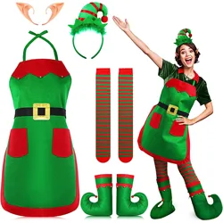 Christmas Elf Santa Claus Costume Womens Dress Xmas Party Cosplay Costume Elf Ears+Hat+Shoes Covers+Apron+Striped Stockings Sets