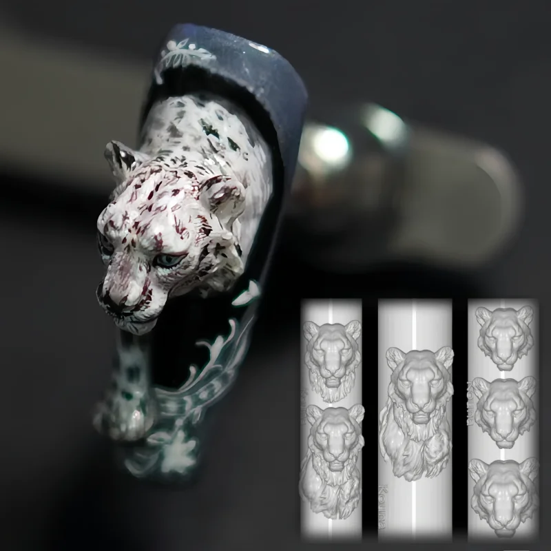 

A nail art mold with snow leopard head carving, lion head carving, animal and beast carving, three-dimensional nail decoration