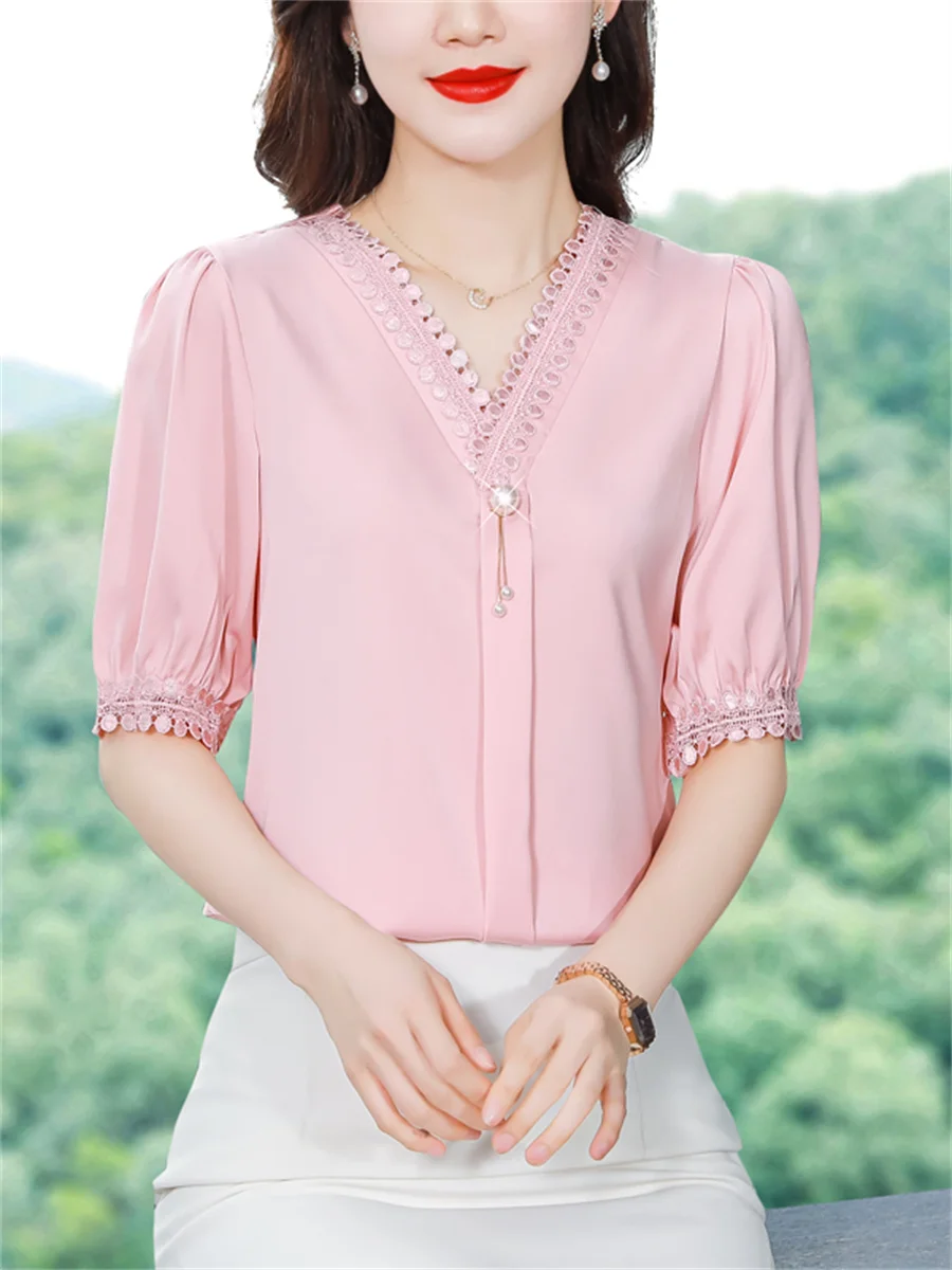 Women Spring Summer Blouses Shirts Lady Fashion Casual Half Sleeve V-Neck Collar Solid Color Blusas Tops CT0206