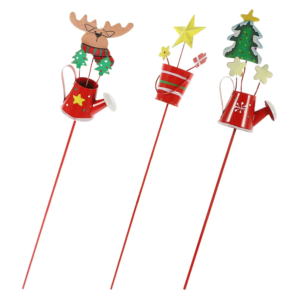 

3pcs Christmas Garden Stake Plant Pot Sign Metal Lawn Ornament Outdoor Yard Decoration Kettle Shape Xmas Ground Inserted Stake