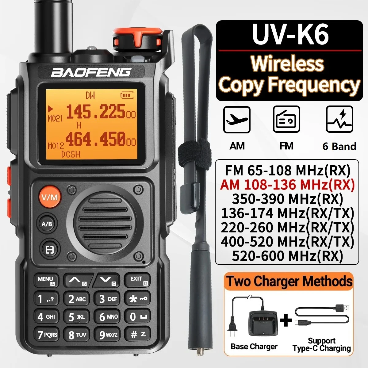 

Baofeng UV-K6 Air Band Walkie Talkie Wireless Copy Frequency Multi Band Type-C Portable UHF VHF Long Rang UV5R Two Way Ham Radio