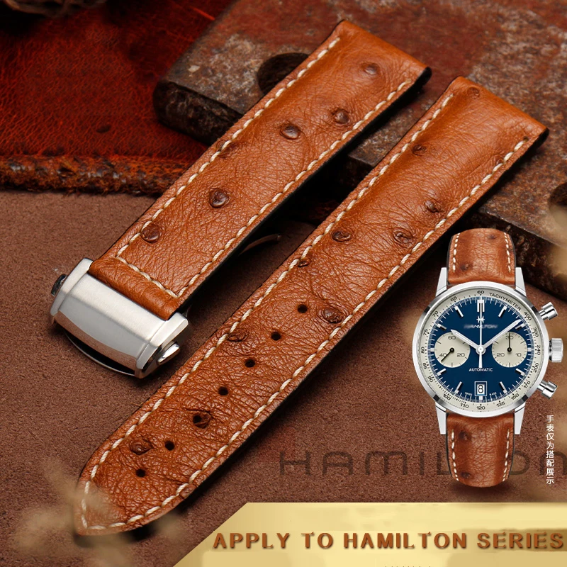 20mm 22mm Ostrich Leather Watchband for Hamilton Jazz Series H32755851 Watch Strap Folding Deduction Clasp Bracelet Black Blue