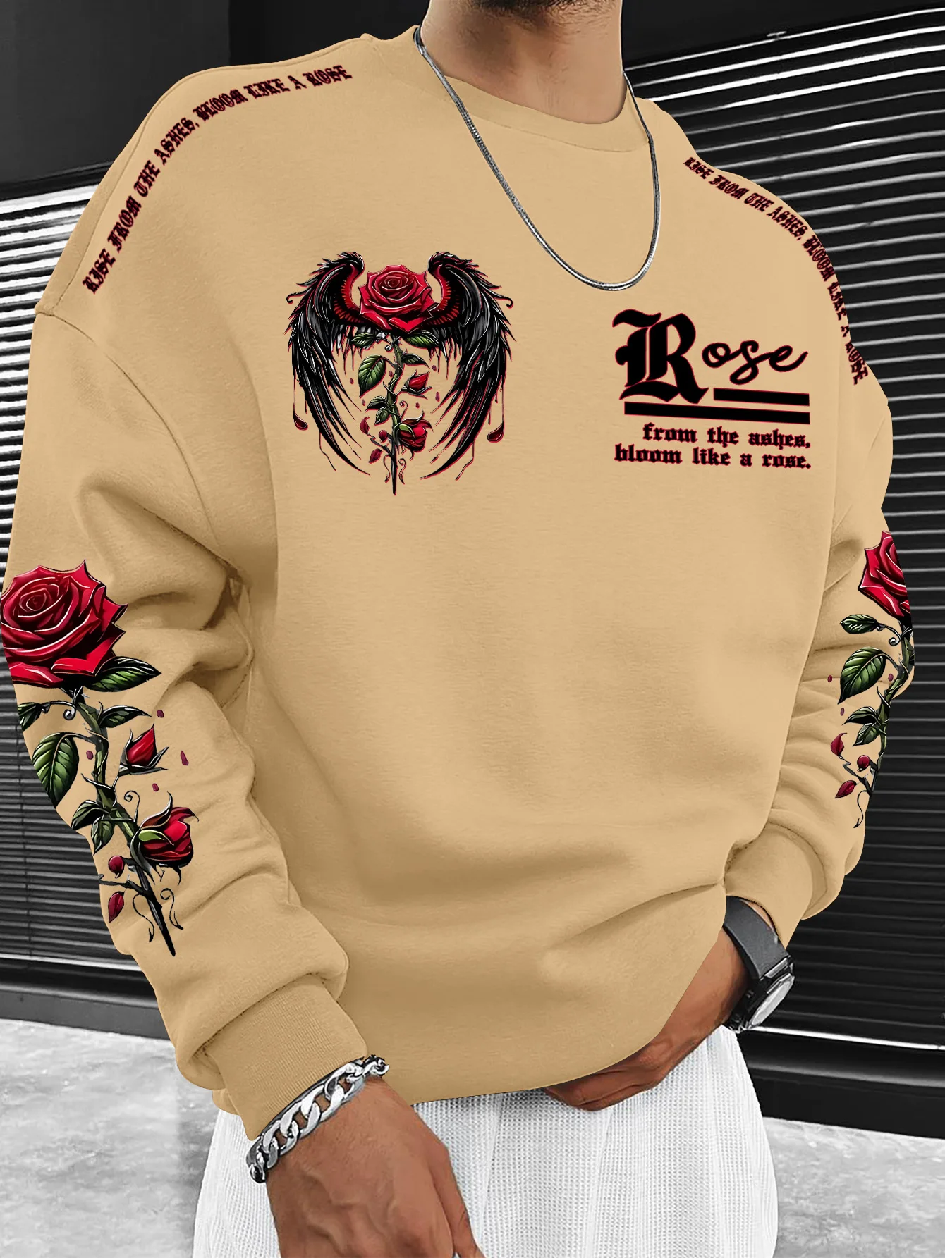 Lässiges Herren-Langarmshirt mit Rundhalsausschnitt, Sweatshirt mit Rosenflügel-Blumen-Slogan-Grafikdruck, S-XXL – Detail 4