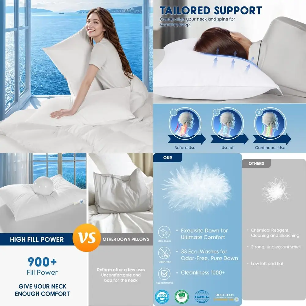 

Premium Canadian White Goose Down Pillow - High Fill Power 750+, 800 Thread Count Cotton Cover, Plush Pillows for Comfortable Sl