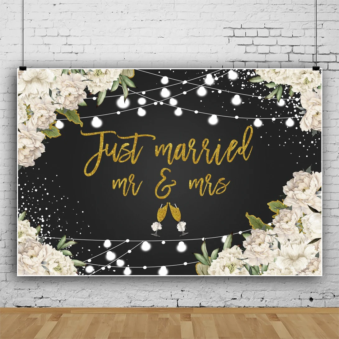 Laeacco Just Married Mr & Mrs Wedding Backdrop For Photography White Floral Gold Champagne Bridal Shower Portrait Background