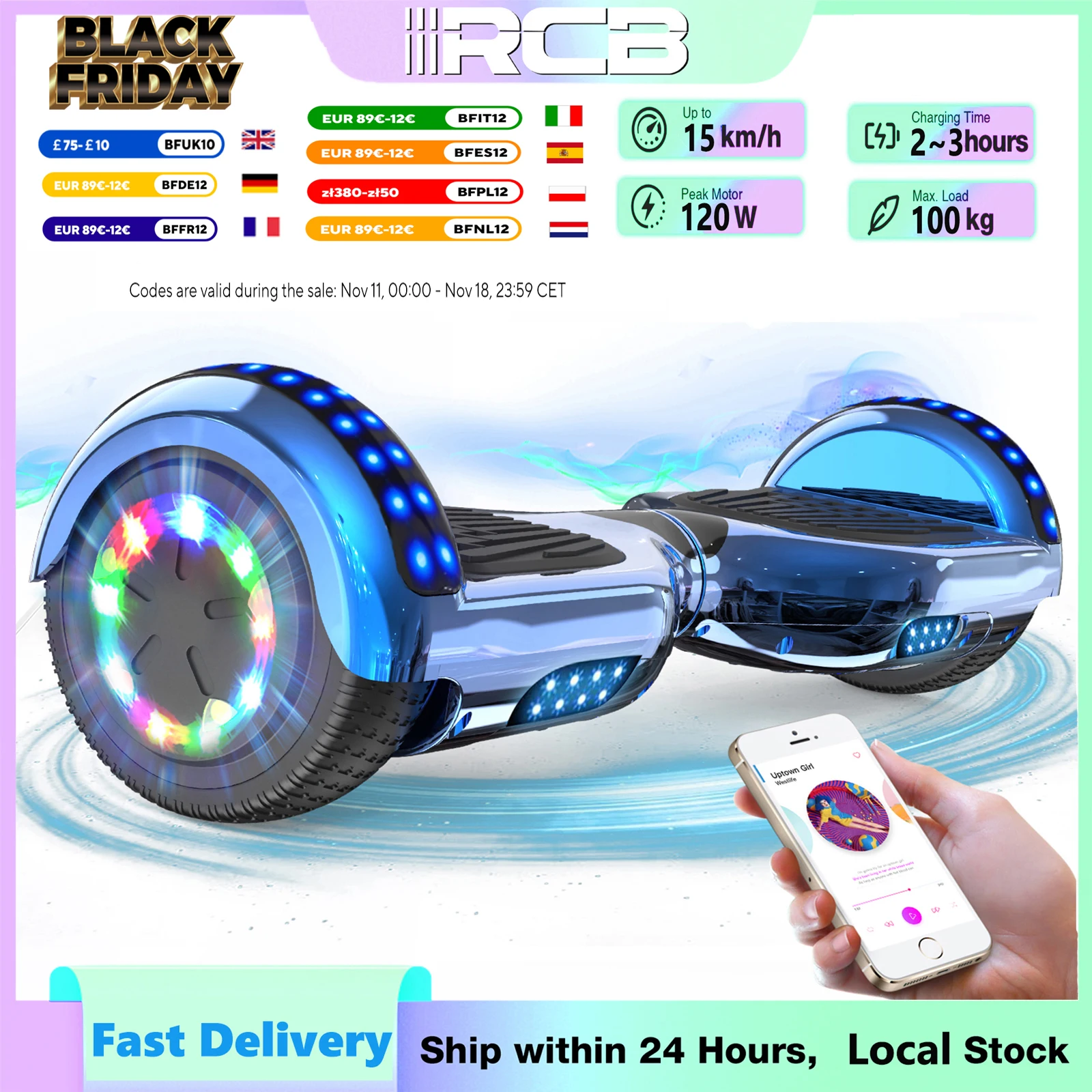 RCB Hoverboard, 6.5 Inch Two Wheel Hoverboard with Bluetooth Speaker with LED Light, Hoverboard Gift for Kids and Adults