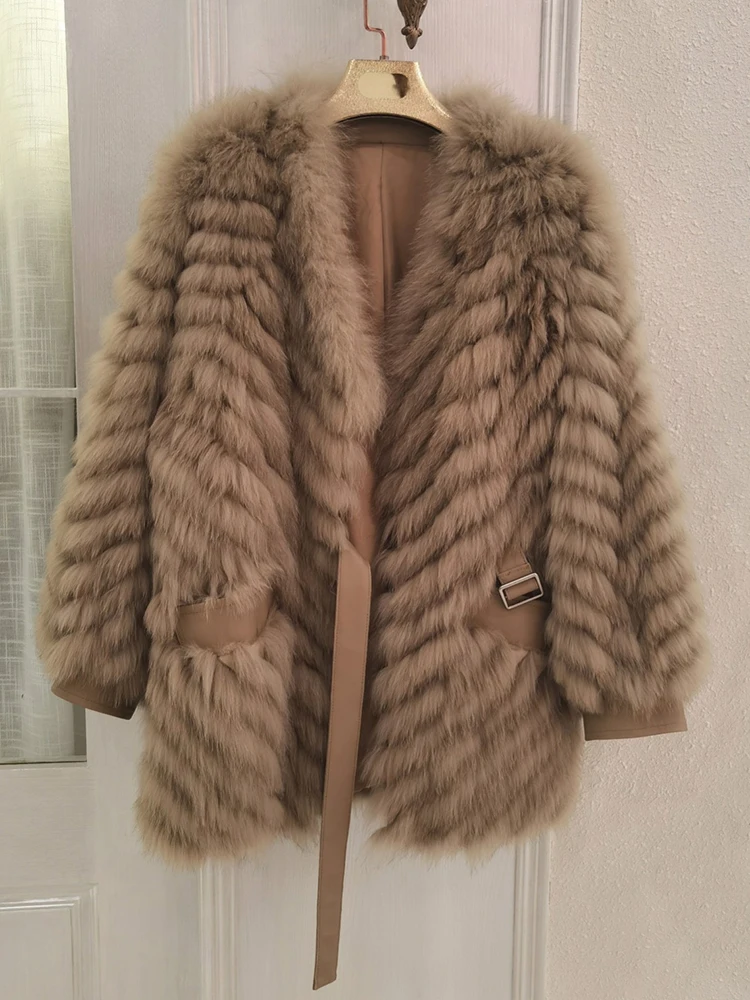 Women Thick Grey Coffee Camel Real Fox Fur Strip Sewed Toghter Oversize Loose Winter Long Real Fox Fur Overcoat