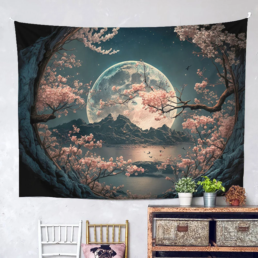 1-teiliger Fantasy-Wandteppich, Kirschblüte, Mond, Nacht, Wandbehang, Sternenhimmel, Berglandschaft, Wandteppich, Feen-Wanddecken, Ästhetik
