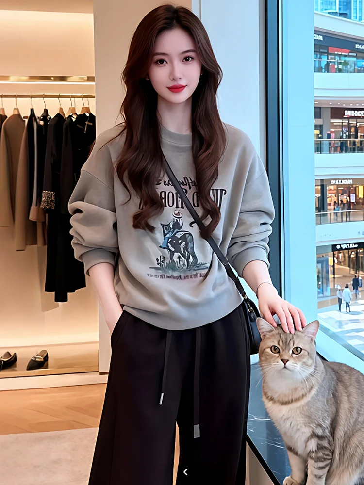 Ele Anti-Aging Fce-Lined Hoodie Wide Leg Pants Two-Piece Set Women's Faionable Streetwear Autumn New Arrival