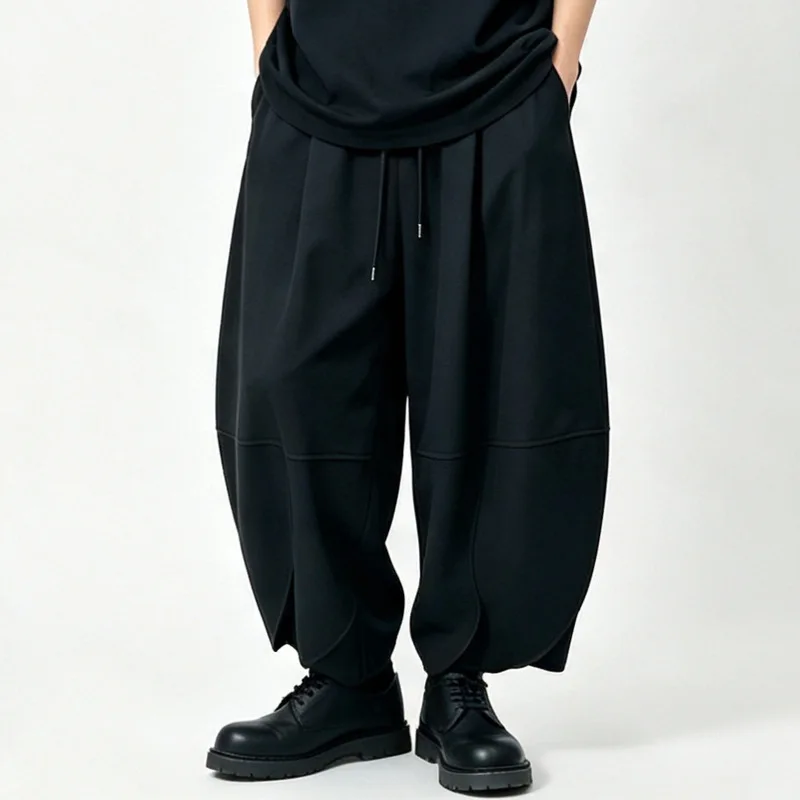 Men'S Casual Black Loose Wide-Leg Culottes, Unisex Style, High-Waisted, With Drawstring, And A Flattering Drape, Cropped Length