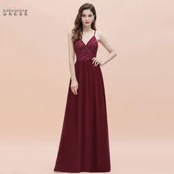 Spaghetti Straps Chiffon Long Bridesmaid Dresses Sequined Beads A Line Burgundy Wedding Party Evening Prom Gowns Robe De Soiree