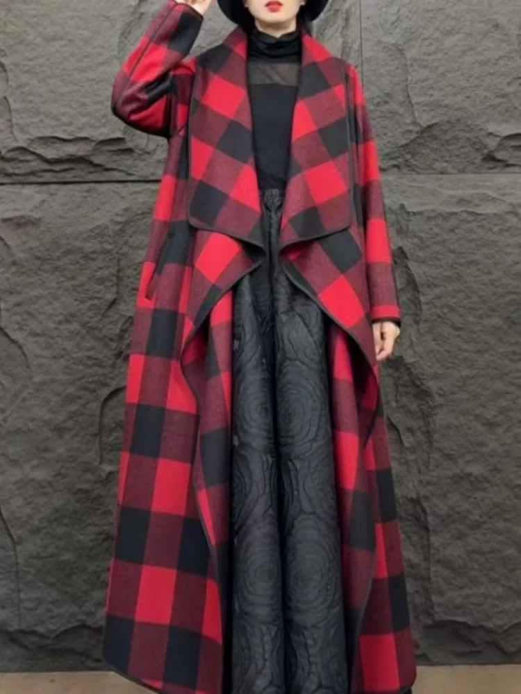 

Vefadisa 2024 Autumn Winter New Red Plaid Women Wool Coat Lapel Long Sleeve Long Woolen Coat Temperament Fashion Coat ZXY1176A