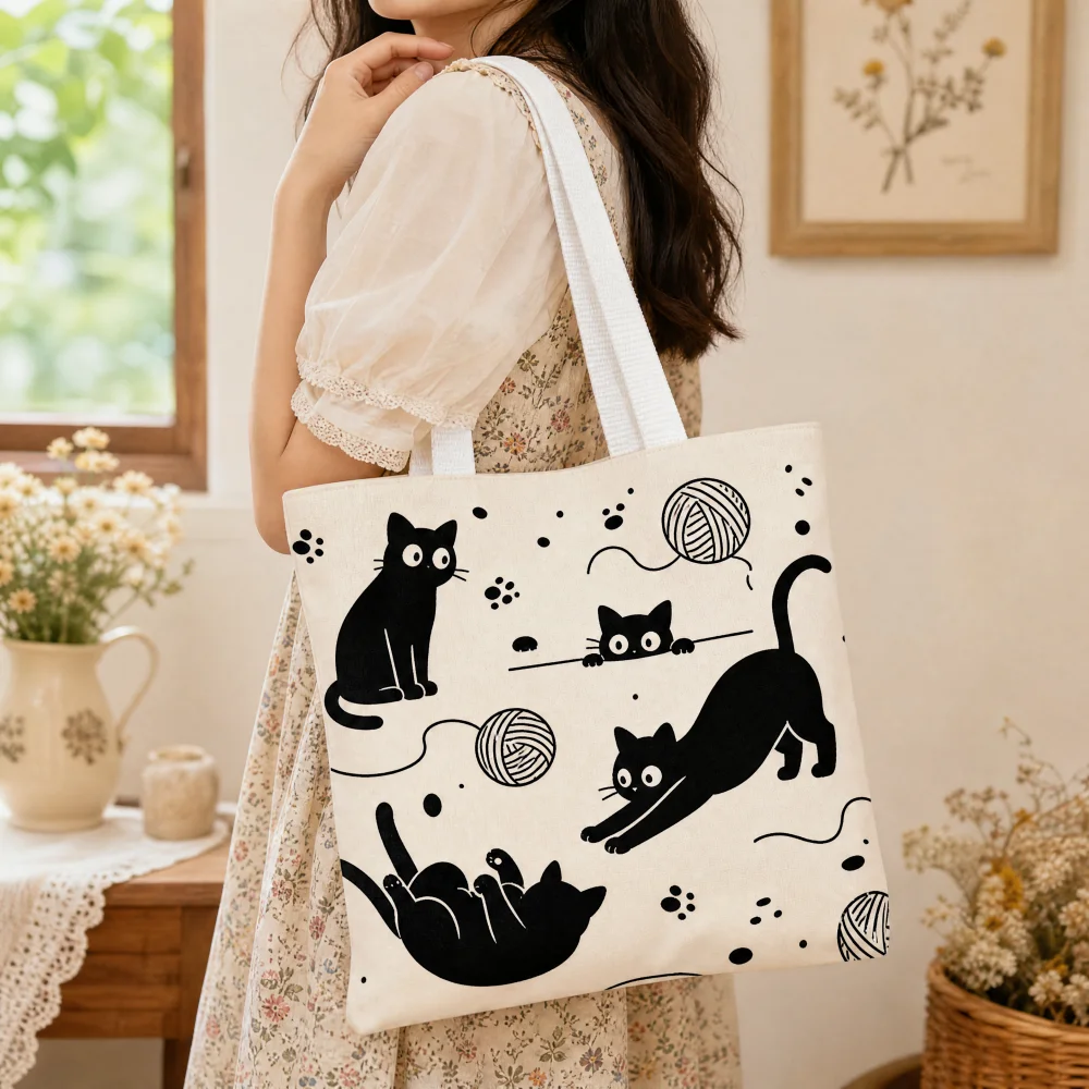 Cute Black Cat Playing Yarn Ball Canvas Tote Bag, Cartoon Kitten Paw Print Shoulder Bag for Student Daily Use