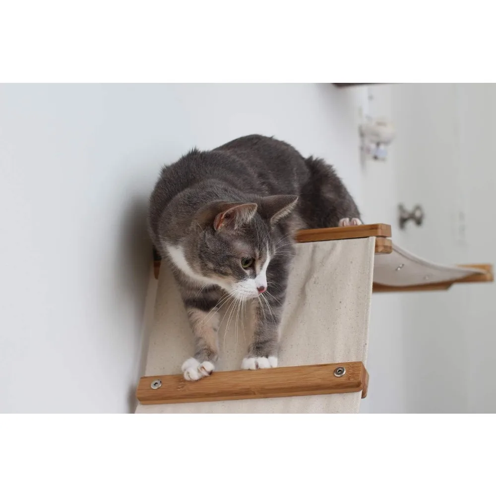 Bamboo Cat Tree with Hammock and Wall-Mounted Shelves - Canvas Fabric Cat Furniture