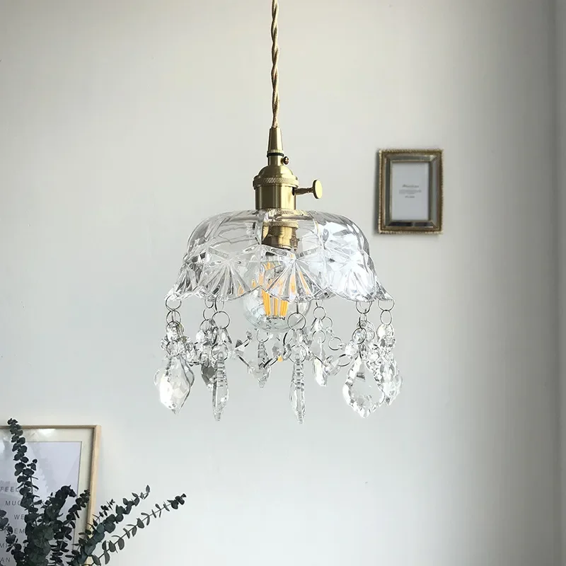 Retro French Brass Chandelier with Crystal Glass for Medieval Style Aisle Balcony Bedside Entrance Bar and Restaurant