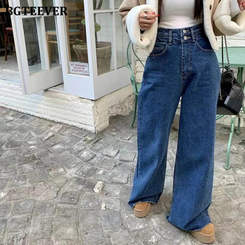 Imagem -05 - Bgteever-elegante Jeans de Perna Larga para Mulheres Calças Jeans Femininas Bolsos de Cintura Alta Botões Duplos até o Chão Elegante Outono