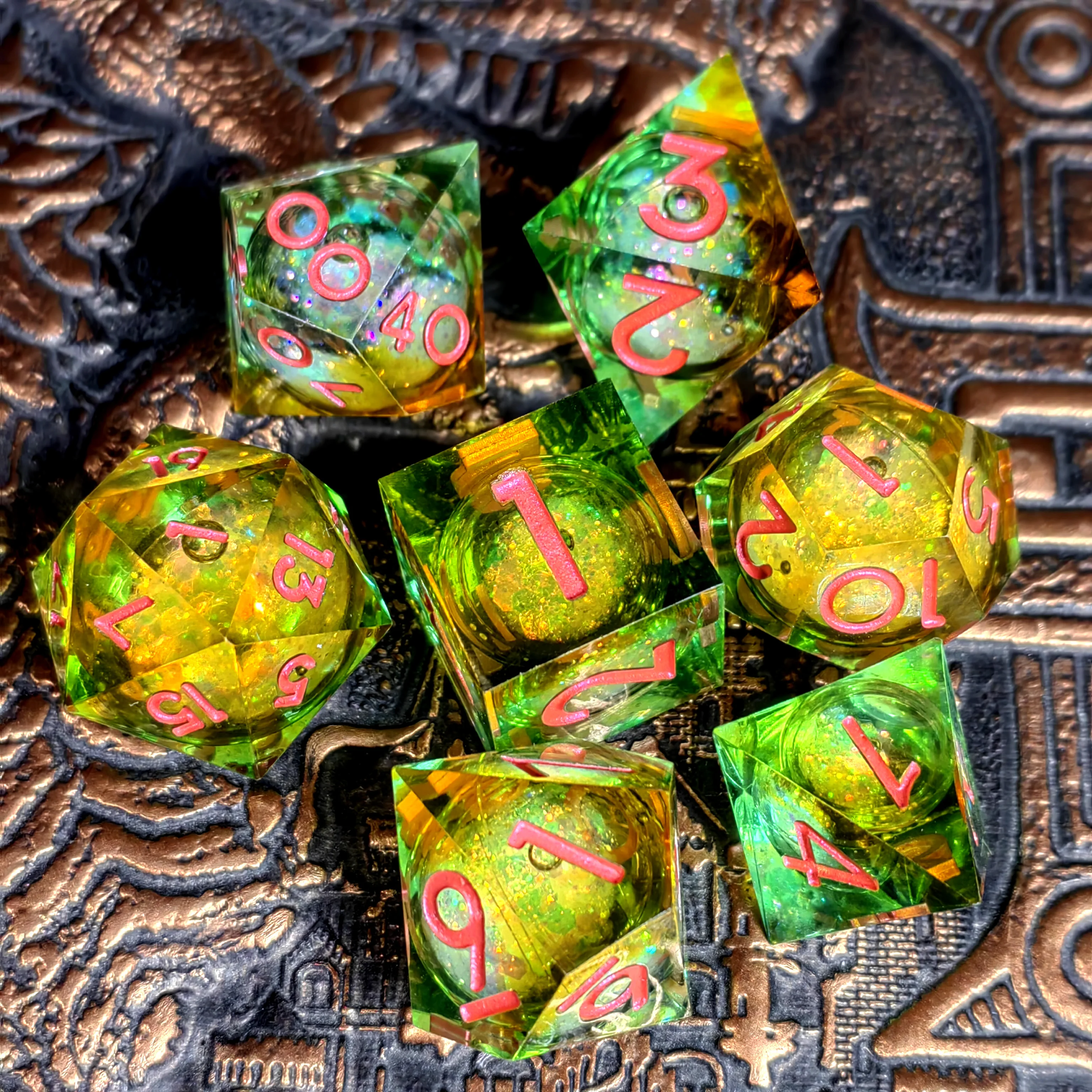 DnD Dice Set - 7 Piece Resin Dice with Green Flowing Sand, Transparent Base & Red Numbers for RPG & Board Games