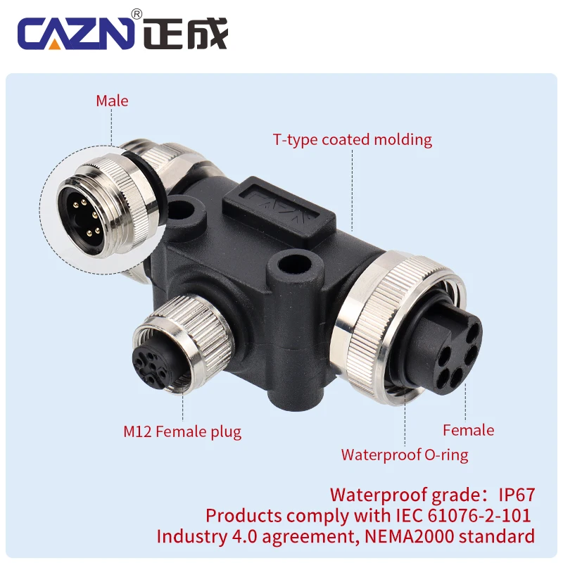 7/8 Industrial Circular Connector 3/4/5 Pin Female To Male Distributer Splitter T Type Adapter IP67 Connectors